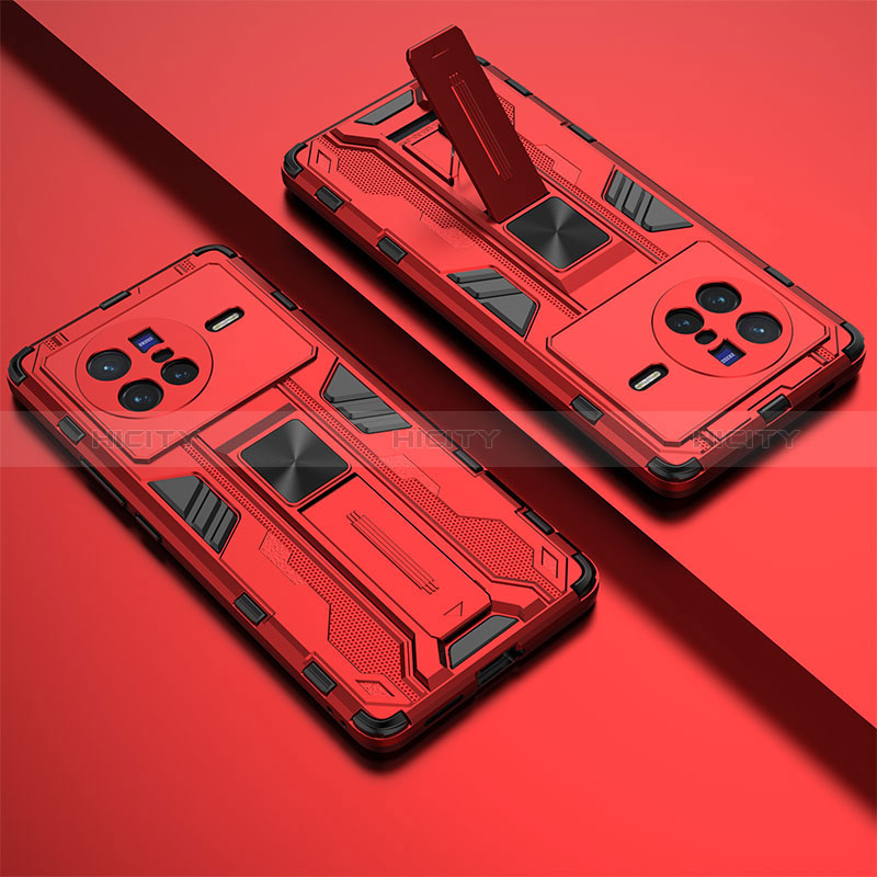 Silikon Hülle Handyhülle und Kunststoff Schutzhülle Hartschalen Tasche mit Magnetisch Ständer KC1 für Vivo X80 5G Rot