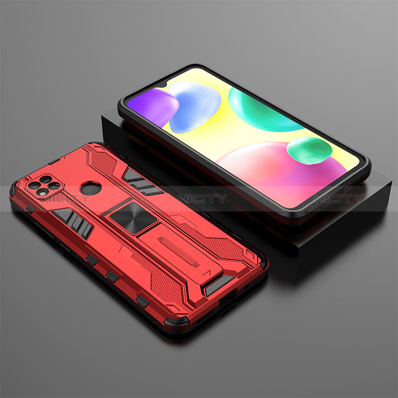 Silikon Hülle Handyhülle und Kunststoff Schutzhülle Hartschalen Tasche mit Magnetisch Ständer KC1 für Xiaomi POCO C3 Rot Plus