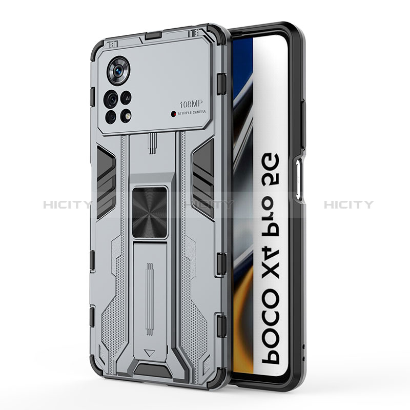 Silikon Hülle Handyhülle und Kunststoff Schutzhülle Hartschalen Tasche mit Magnetisch Ständer KC1 für Xiaomi Poco X4 Pro 5G Grau Plus