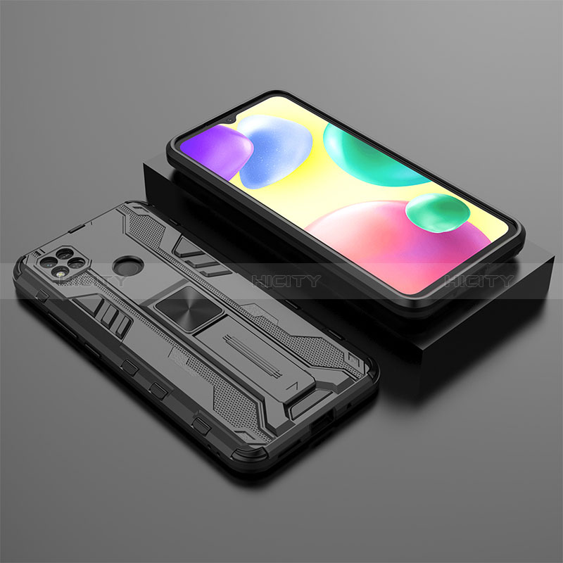 Silikon Hülle Handyhülle und Kunststoff Schutzhülle Hartschalen Tasche mit Magnetisch Ständer KC1 für Xiaomi Redmi 9C Schwarz Plus