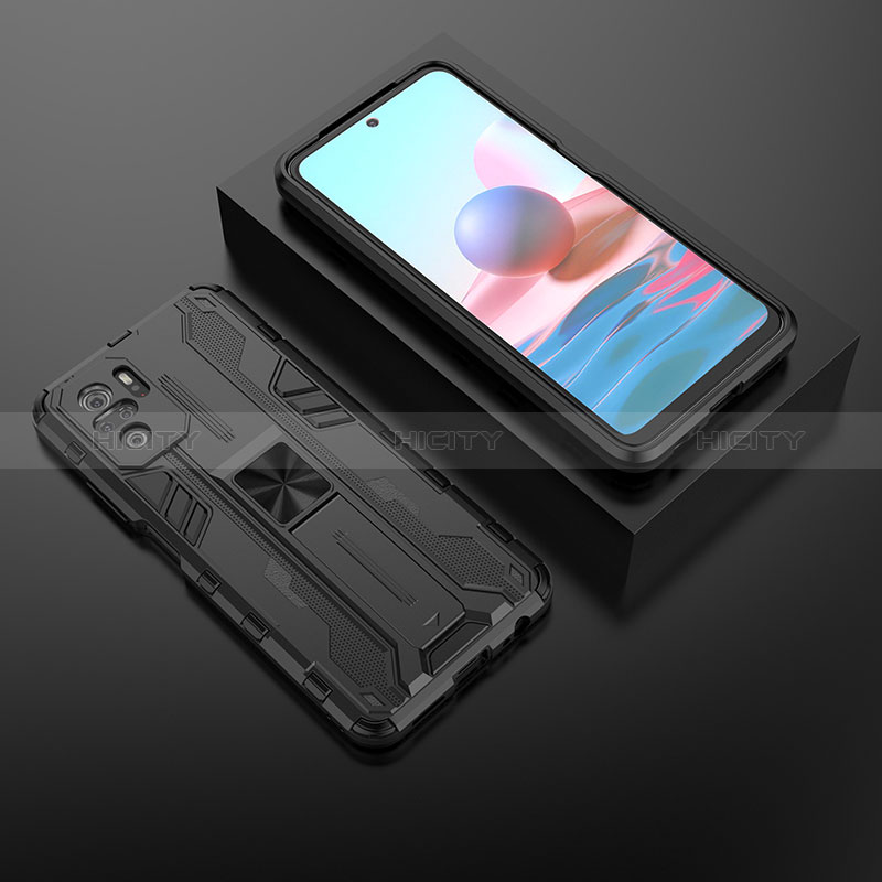 Silikon Hülle Handyhülle und Kunststoff Schutzhülle Hartschalen Tasche mit Magnetisch Ständer KC1 für Xiaomi Redmi Note 10 4G groß