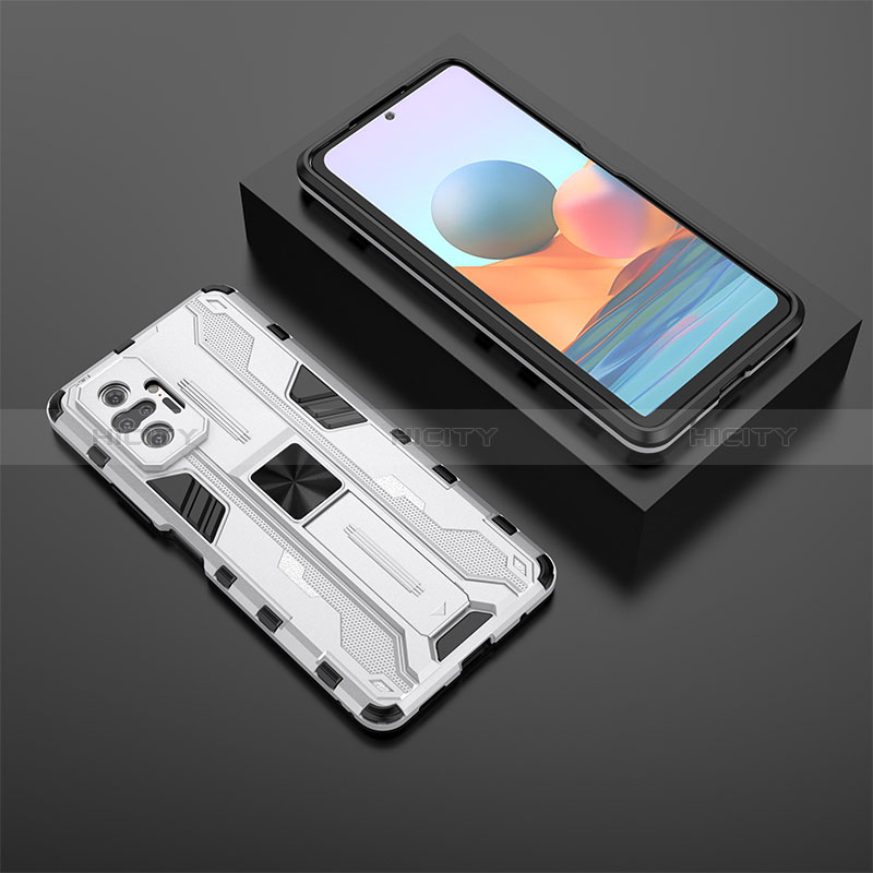 Silikon Hülle Handyhülle und Kunststoff Schutzhülle Hartschalen Tasche mit Magnetisch Ständer KC1 für Xiaomi Redmi Note 10 Pro 4G groß