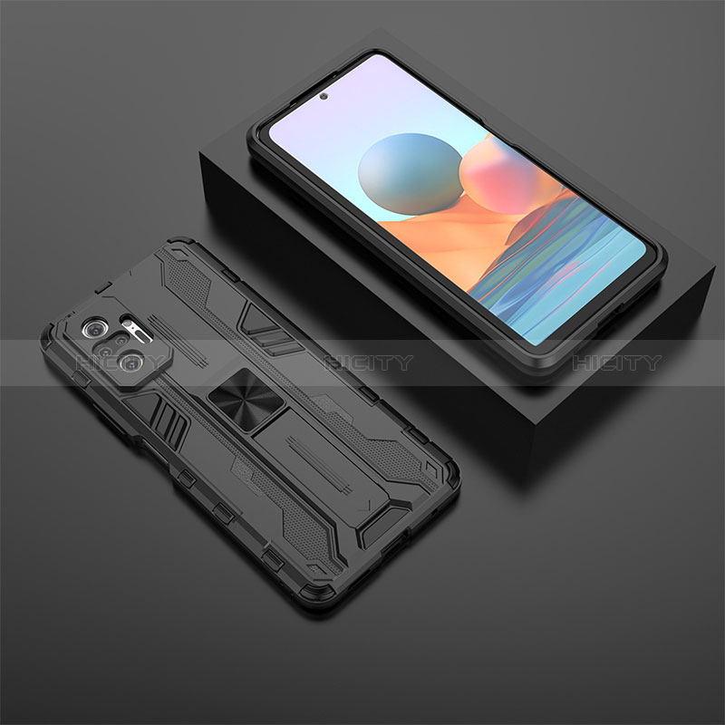 Silikon Hülle Handyhülle und Kunststoff Schutzhülle Hartschalen Tasche mit Magnetisch Ständer KC1 für Xiaomi Redmi Note 10 Pro 4G Schwarz Plus