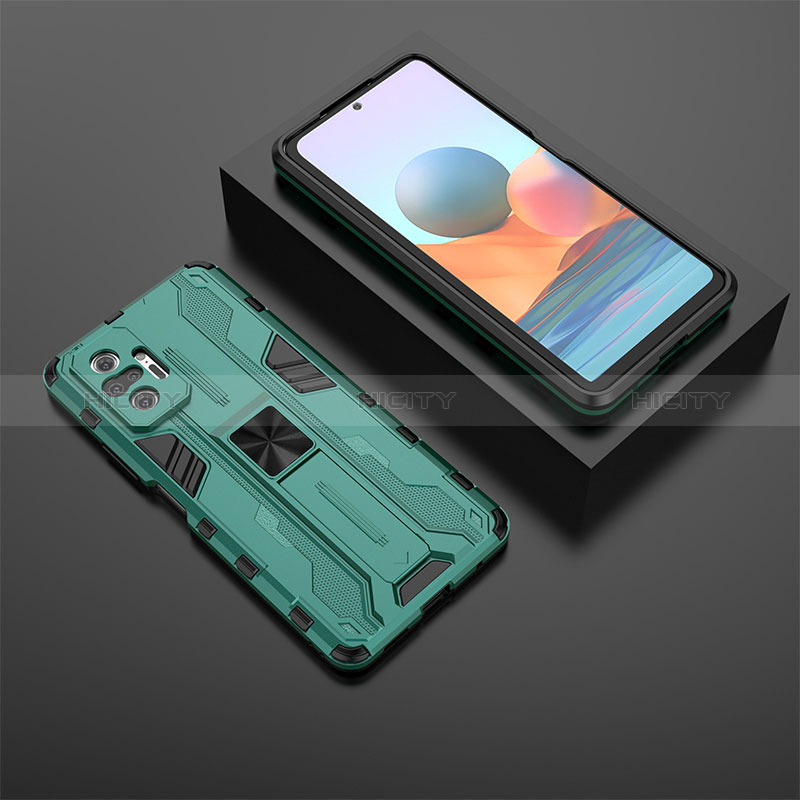 Silikon Hülle Handyhülle und Kunststoff Schutzhülle Hartschalen Tasche mit Magnetisch Ständer KC1 für Xiaomi Redmi Note 10 Pro Max groß