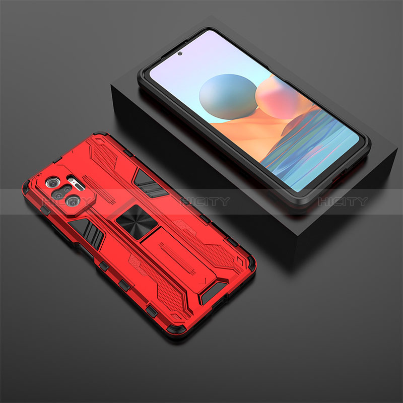 Silikon Hülle Handyhülle und Kunststoff Schutzhülle Hartschalen Tasche mit Magnetisch Ständer KC1 für Xiaomi Redmi Note 10 Pro Max Rot Plus