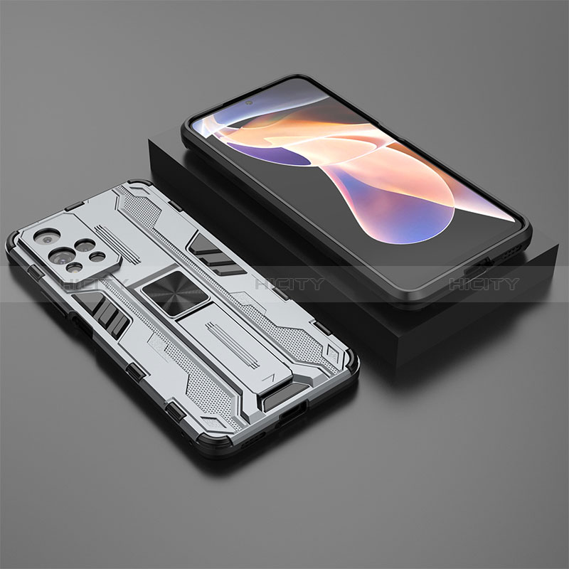 Silikon Hülle Handyhülle und Kunststoff Schutzhülle Hartschalen Tasche mit Magnetisch Ständer KC1 für Xiaomi Redmi Note 11 Pro+ Plus 5G Grau Plus