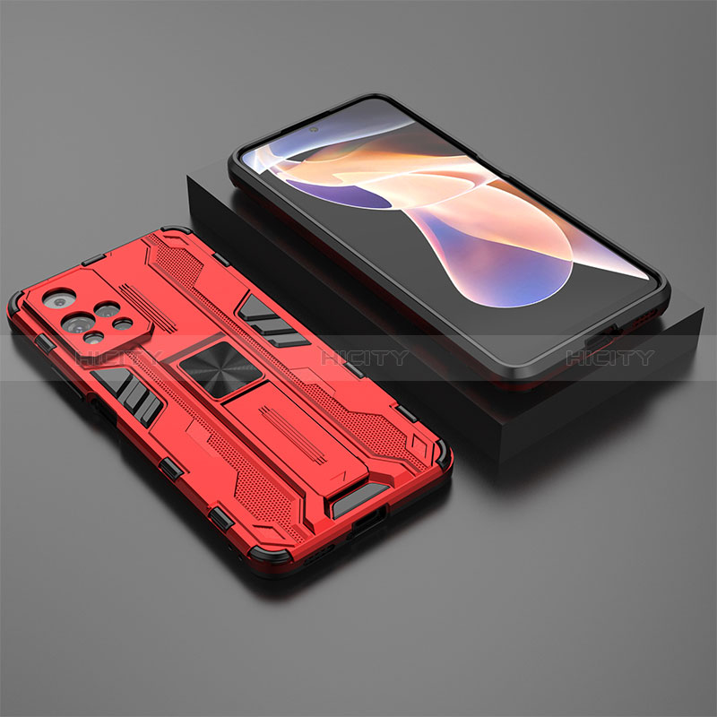 Silikon Hülle Handyhülle und Kunststoff Schutzhülle Hartschalen Tasche mit Magnetisch Ständer KC1 für Xiaomi Redmi Note 11 Pro+ Plus 5G Rot Plus