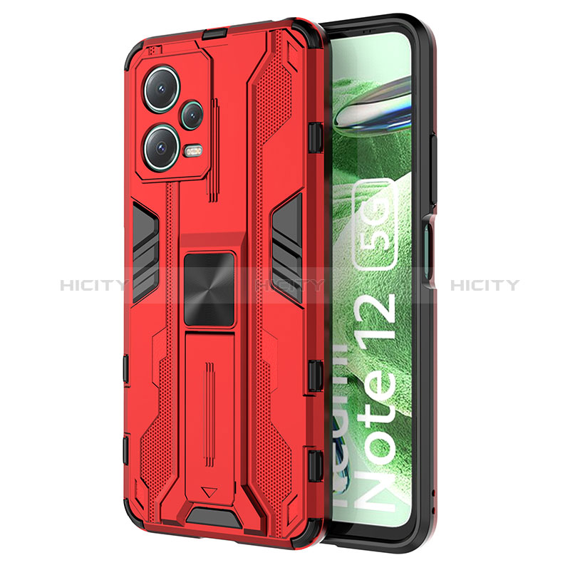 Silikon Hülle Handyhülle und Kunststoff Schutzhülle Hartschalen Tasche mit Magnetisch Ständer KC1 für Xiaomi Redmi Note 12 5G Rot