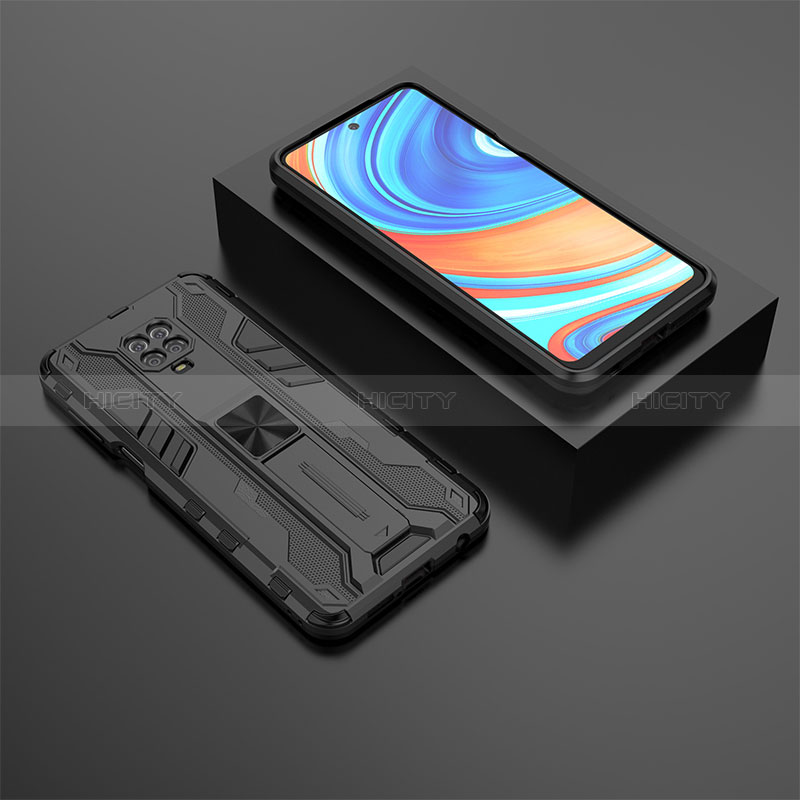 Silikon Hülle Handyhülle und Kunststoff Schutzhülle Hartschalen Tasche mit Magnetisch Ständer KC1 für Xiaomi Redmi Note 9 Pro Max Schwarz