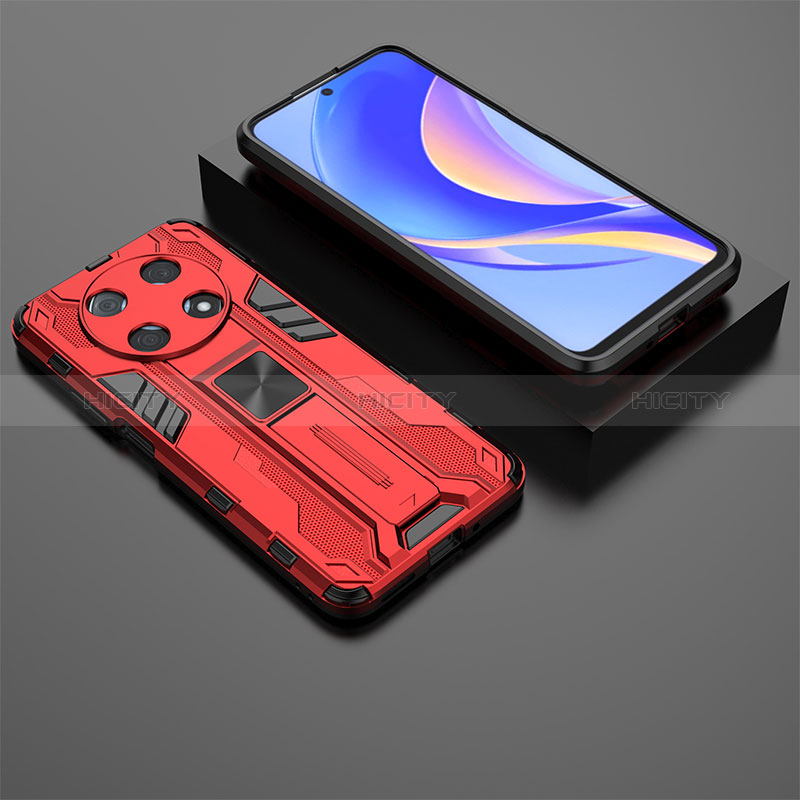 Silikon Hülle Handyhülle und Kunststoff Schutzhülle Hartschalen Tasche mit Magnetisch Ständer KC2 für Huawei Nova Y90 Rot Plus