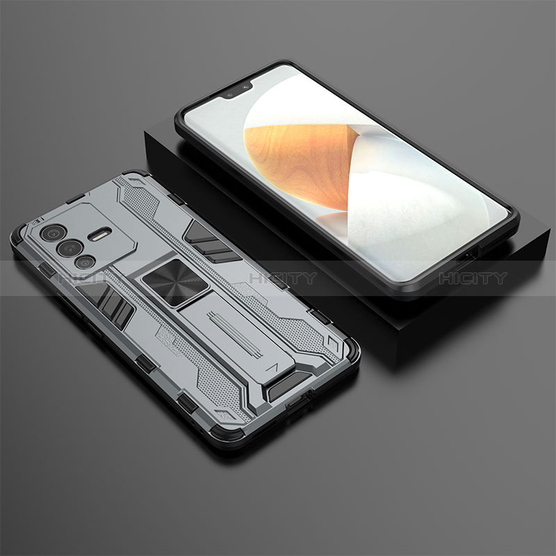 Silikon Hülle Handyhülle und Kunststoff Schutzhülle Hartschalen Tasche mit Magnetisch Ständer KC2 für Vivo V23 Pro 5G Grau Plus