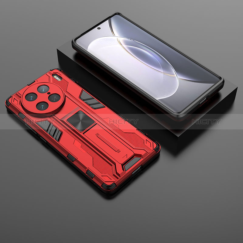 Silikon Hülle Handyhülle und Kunststoff Schutzhülle Hartschalen Tasche mit Magnetisch Ständer KC2 für Vivo X90 Pro 5G Rot Plus