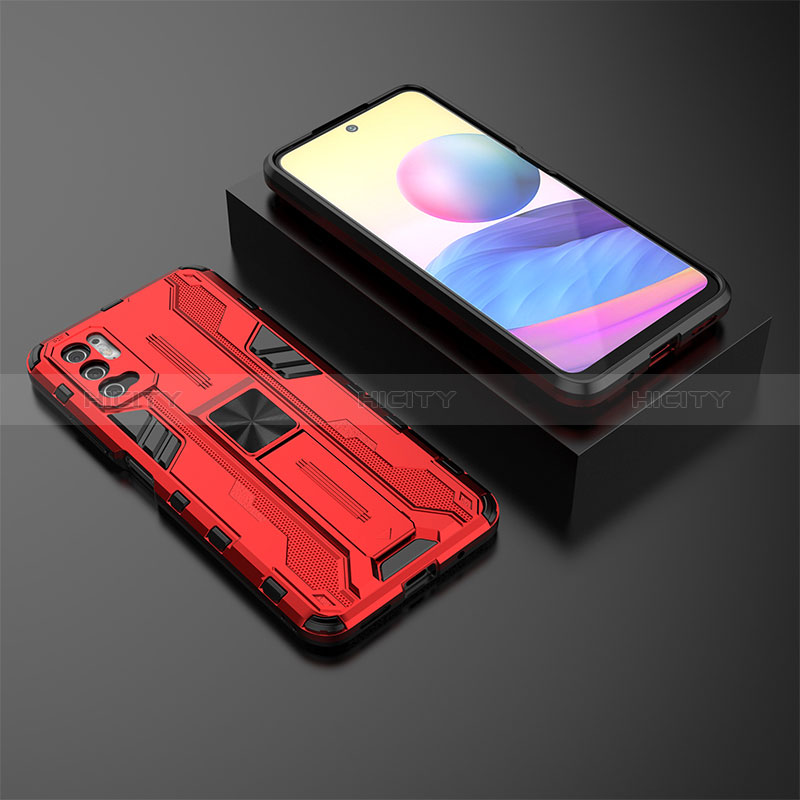 Silikon Hülle Handyhülle und Kunststoff Schutzhülle Hartschalen Tasche mit Magnetisch Ständer KC2 für Xiaomi Redmi Note 10 5G Rot Plus