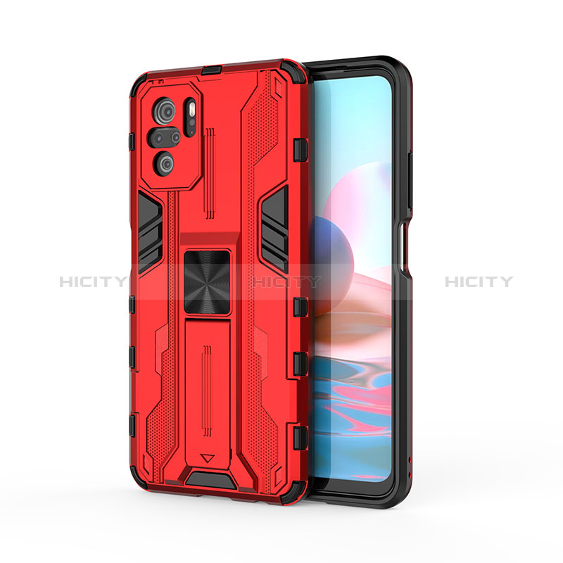 Silikon Hülle Handyhülle und Kunststoff Schutzhülle Hartschalen Tasche mit Magnetisch Ständer KC2 für Xiaomi Redmi Note 10S 4G Rot