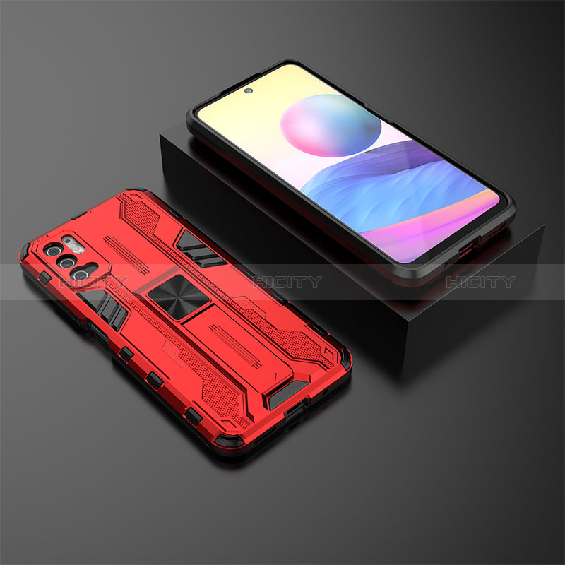 Silikon Hülle Handyhülle und Kunststoff Schutzhülle Hartschalen Tasche mit Magnetisch Ständer KC2 für Xiaomi Redmi Note 10T 5G Rot Plus