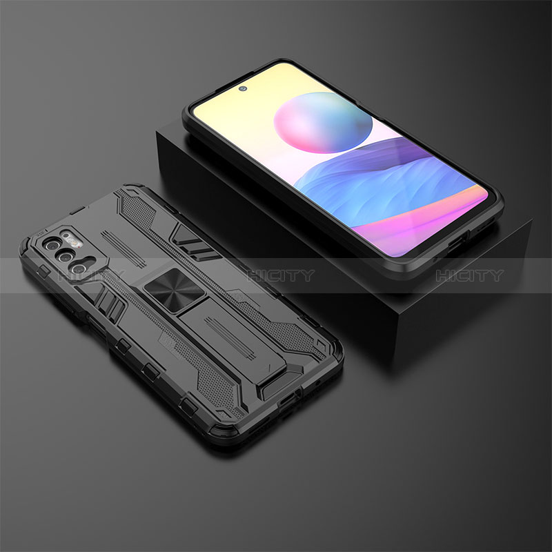 Silikon Hülle Handyhülle und Kunststoff Schutzhülle Hartschalen Tasche mit Magnetisch Ständer KC2 für Xiaomi Redmi Note 10T 5G Schwarz Plus