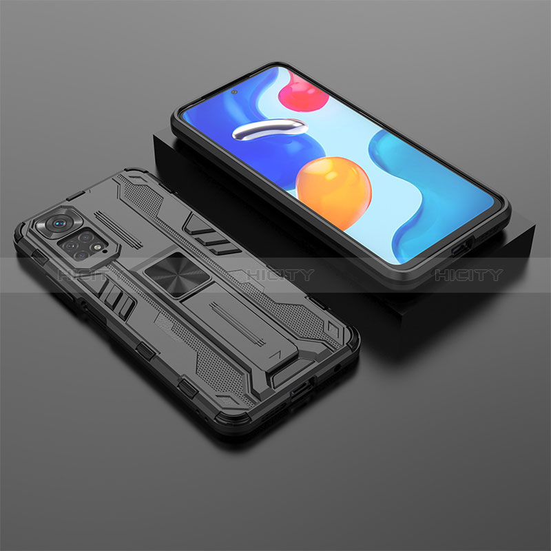 Silikon Hülle Handyhülle und Kunststoff Schutzhülle Hartschalen Tasche mit Magnetisch Ständer KC2 für Xiaomi Redmi Note 11 4G (2022) Schwarz