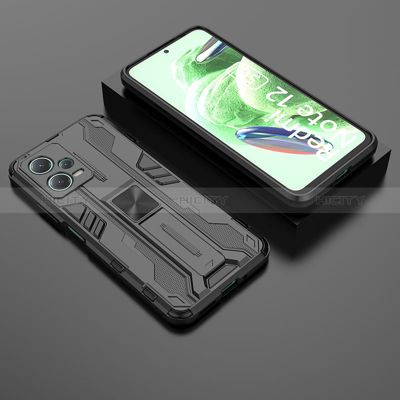 Silikon Hülle Handyhülle und Kunststoff Schutzhülle Hartschalen Tasche mit Magnetisch Ständer KC2 für Xiaomi Redmi Note 12 5G Schwarz