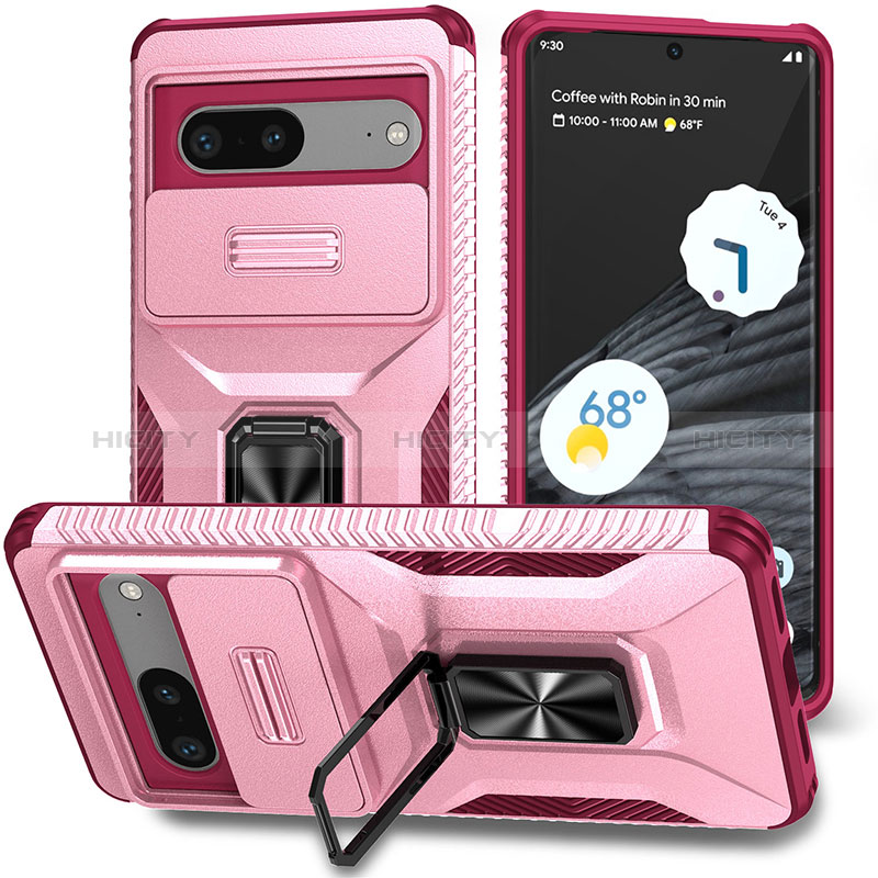 Silikon Hülle Handyhülle und Kunststoff Schutzhülle Hartschalen Tasche mit Magnetisch Ständer MQ1 für Google Pixel 7 5G Pink Plus