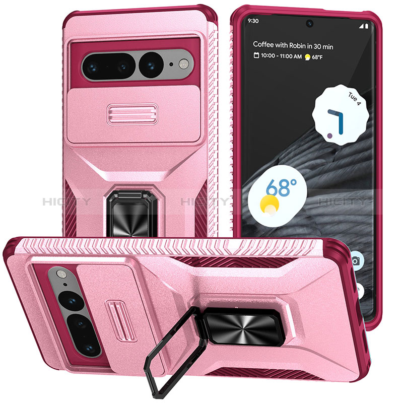 Silikon Hülle Handyhülle und Kunststoff Schutzhülle Hartschalen Tasche mit Magnetisch Ständer MQ1 für Google Pixel 7 Pro 5G Pink Plus