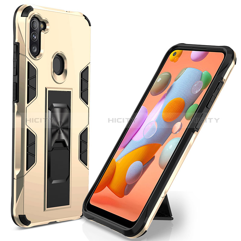 Silikon Hülle Handyhülle und Kunststoff Schutzhülle Hartschalen Tasche mit Magnetisch Ständer MQ1 für Samsung Galaxy A11 Gold Plus