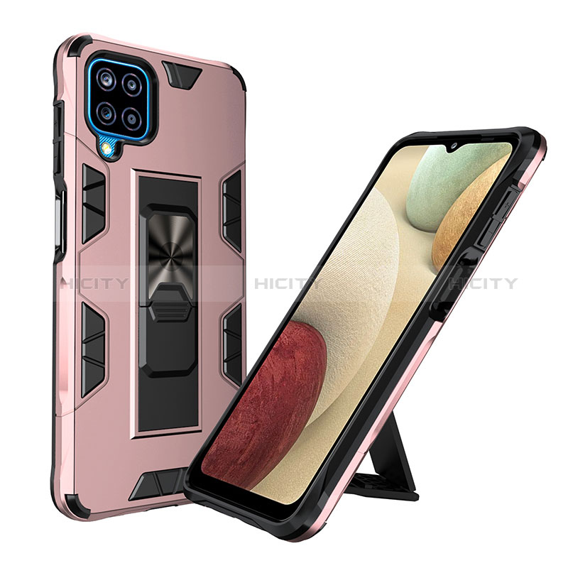 Silikon Hülle Handyhülle und Kunststoff Schutzhülle Hartschalen Tasche mit Magnetisch Ständer MQ1 für Samsung Galaxy A12 Rosegold