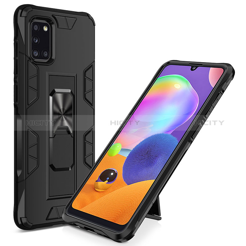 Silikon Hülle Handyhülle und Kunststoff Schutzhülle Hartschalen Tasche mit Magnetisch Ständer MQ1 für Samsung Galaxy A31 Schwarz Plus