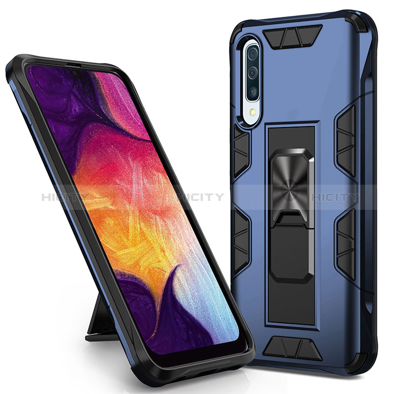 Silikon Hülle Handyhülle und Kunststoff Schutzhülle Hartschalen Tasche mit Magnetisch Ständer MQ1 für Samsung Galaxy A50 Blau