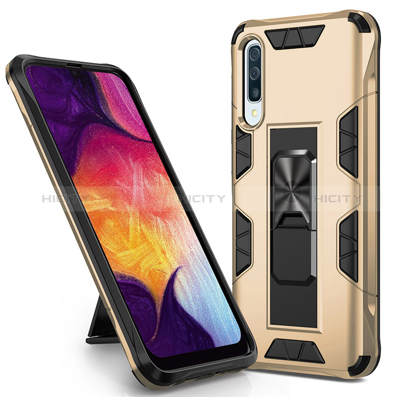 Silikon Hülle Handyhülle und Kunststoff Schutzhülle Hartschalen Tasche mit Magnetisch Ständer MQ1 für Samsung Galaxy A50 Gold