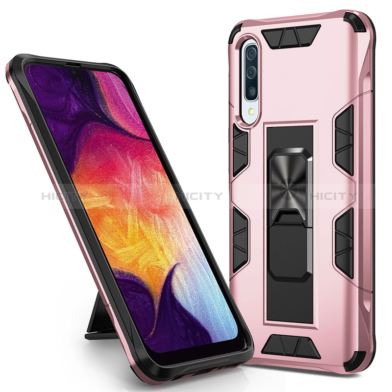 Silikon Hülle Handyhülle und Kunststoff Schutzhülle Hartschalen Tasche mit Magnetisch Ständer MQ1 für Samsung Galaxy A50 Rosegold