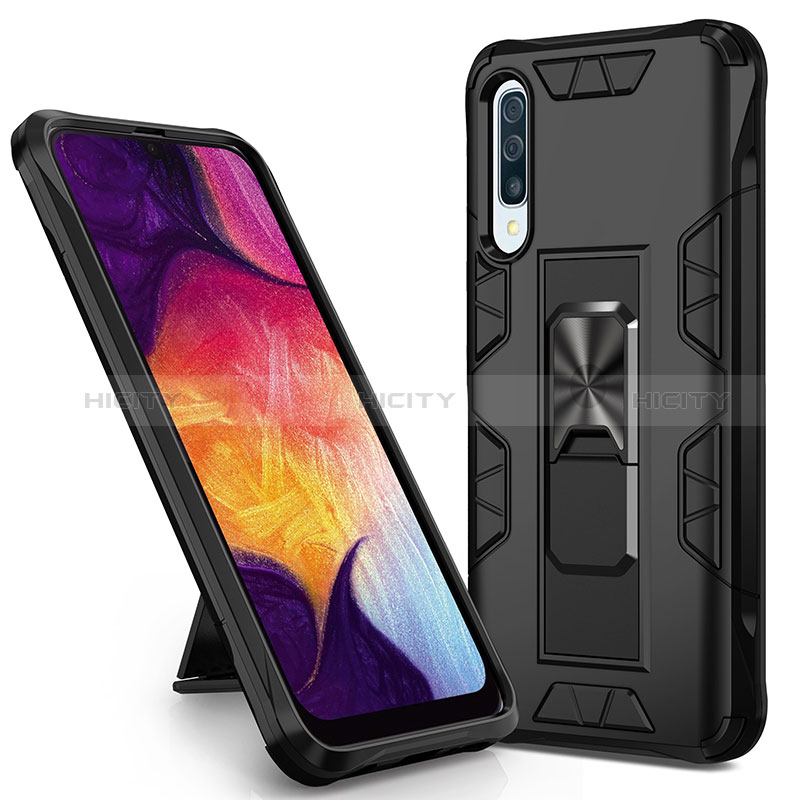 Silikon Hülle Handyhülle und Kunststoff Schutzhülle Hartschalen Tasche mit Magnetisch Ständer MQ1 für Samsung Galaxy A50 Schwarz Plus