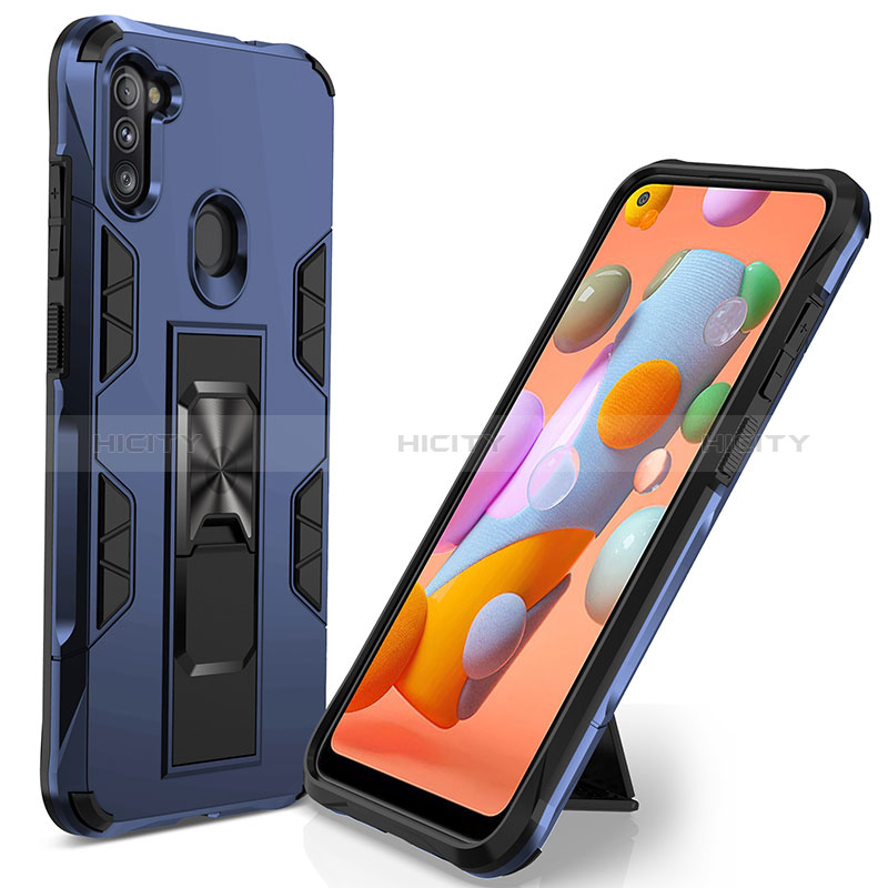 Silikon Hülle Handyhülle und Kunststoff Schutzhülle Hartschalen Tasche mit Magnetisch Ständer MQ1 für Samsung Galaxy M11 Blau