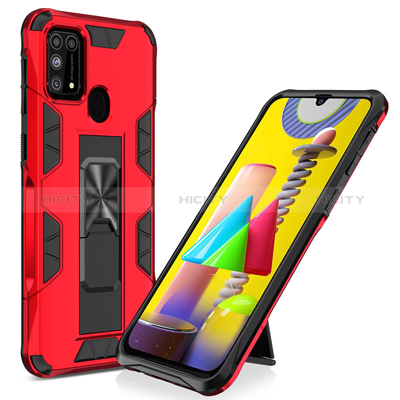 Silikon Hülle Handyhülle und Kunststoff Schutzhülle Hartschalen Tasche mit Magnetisch Ständer MQ1 für Samsung Galaxy M21s Rot Plus