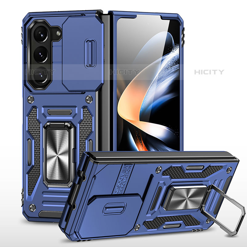 Silikon Hülle Handyhülle und Kunststoff Schutzhülle Hartschalen Tasche mit Magnetisch Ständer MQ1 für Samsung Galaxy Z Fold5 5G Blau Plus