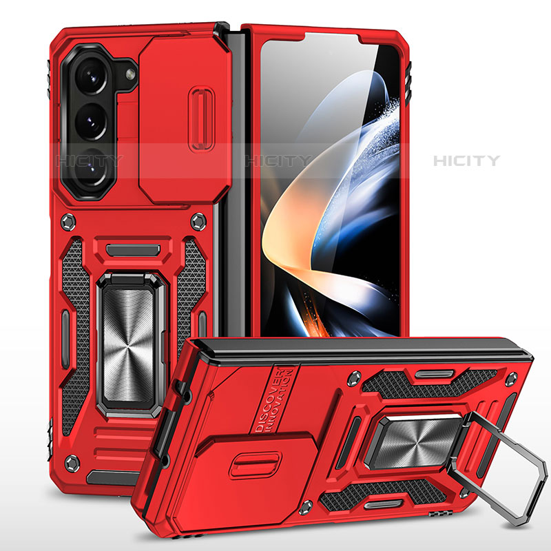 Silikon Hülle Handyhülle und Kunststoff Schutzhülle Hartschalen Tasche mit Magnetisch Ständer MQ1 für Samsung Galaxy Z Fold5 5G Rot Plus