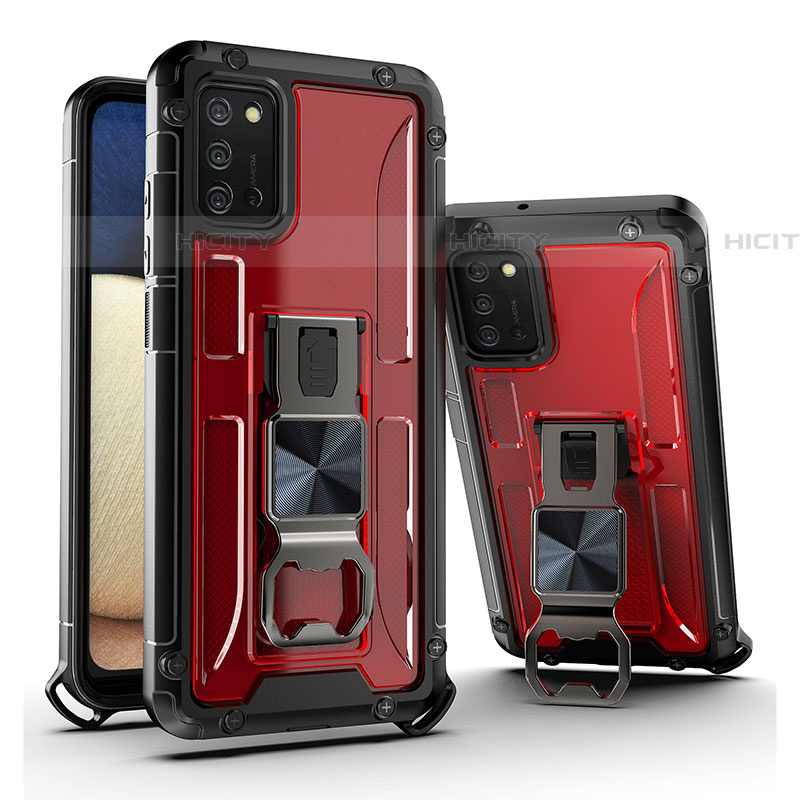 Silikon Hülle Handyhülle und Kunststoff Schutzhülle Hartschalen Tasche mit Magnetisch Ständer Q01W für Samsung Galaxy A03s Rot