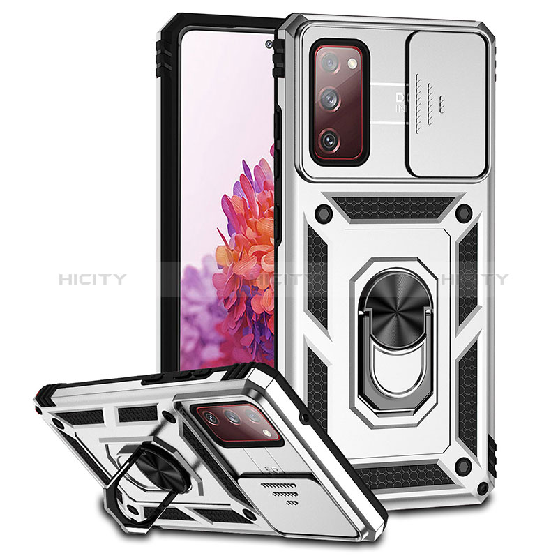 Silikon Hülle Handyhülle und Kunststoff Schutzhülle Hartschalen Tasche mit Magnetisch Ständer Q01W für Samsung Galaxy S20 FE 5G Silber