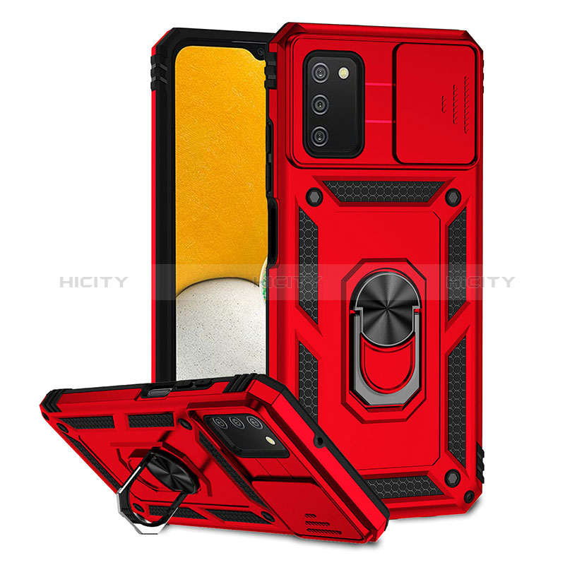 Silikon Hülle Handyhülle und Kunststoff Schutzhülle Hartschalen Tasche mit Magnetisch Ständer Q02W für Samsung Galaxy A02s Rot Plus