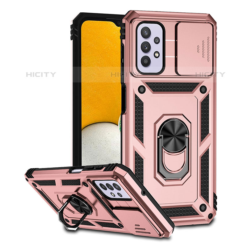 Silikon Hülle Handyhülle und Kunststoff Schutzhülle Hartschalen Tasche mit Magnetisch Ständer Q02W für Samsung Galaxy M32 5G Rosegold