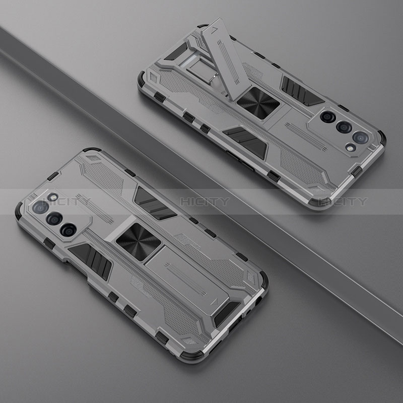 Silikon Hülle Handyhülle und Kunststoff Schutzhülle Hartschalen Tasche mit Magnetisch Ständer T01 für Oppo A56 5G Grau