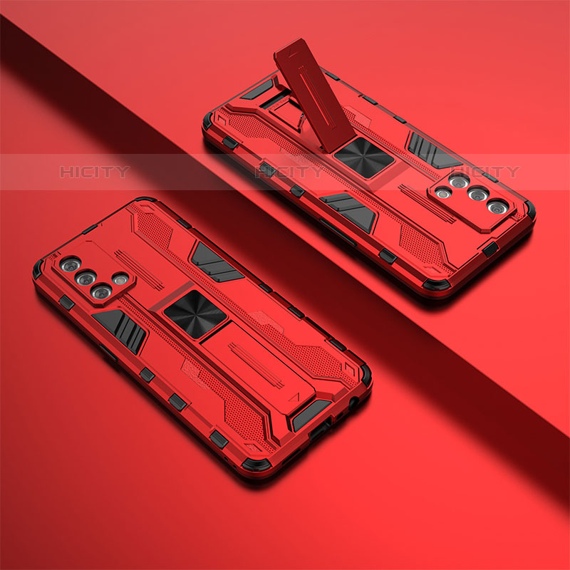 Silikon Hülle Handyhülle und Kunststoff Schutzhülle Hartschalen Tasche mit Magnetisch Ständer T01 für Oppo A74 4G Rot