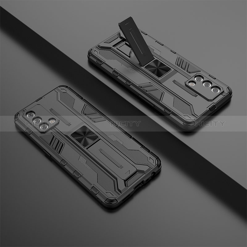Silikon Hülle Handyhülle und Kunststoff Schutzhülle Hartschalen Tasche mit Magnetisch Ständer T01 für Oppo F19 Schwarz
