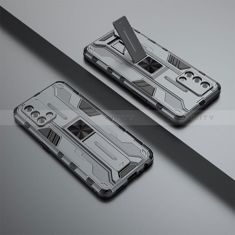 Silikon Hülle Handyhülle und Kunststoff Schutzhülle Hartschalen Tasche mit Magnetisch Ständer T01 für Oppo F19s Grau Plus