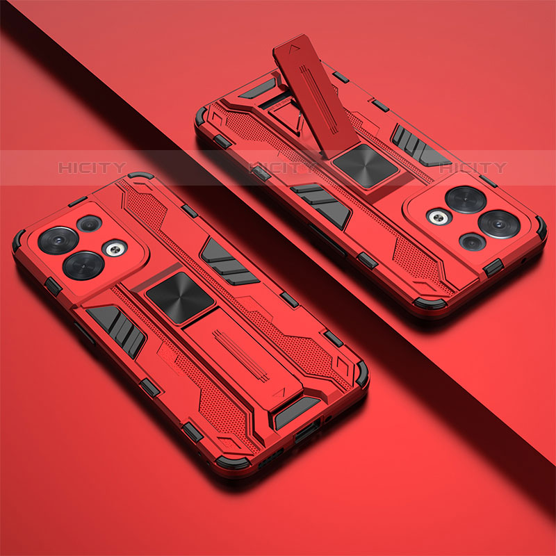 Silikon Hülle Handyhülle und Kunststoff Schutzhülle Hartschalen Tasche mit Magnetisch Ständer T01 für Oppo Reno9 5G Rot