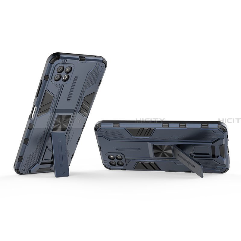 Silikon Hülle Handyhülle und Kunststoff Schutzhülle Hartschalen Tasche mit Magnetisch Ständer T01 für Samsung Galaxy A22 5G Blau