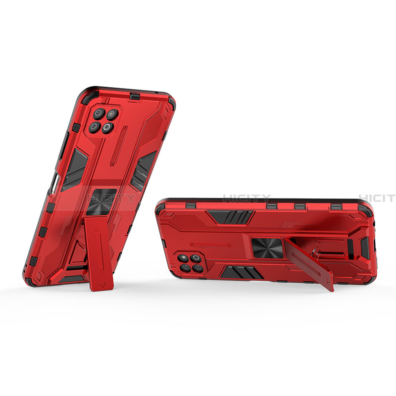 Silikon Hülle Handyhülle und Kunststoff Schutzhülle Hartschalen Tasche mit Magnetisch Ständer T01 für Samsung Galaxy A22 5G Rot Plus