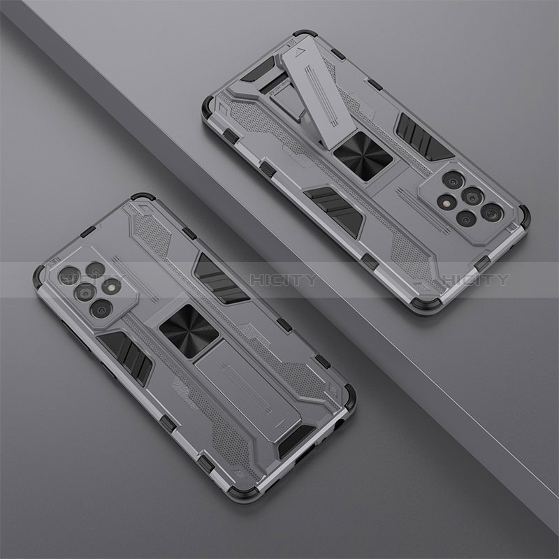 Silikon Hülle Handyhülle und Kunststoff Schutzhülle Hartschalen Tasche mit Magnetisch Ständer T01 für Samsung Galaxy A52s 5G Grau Plus