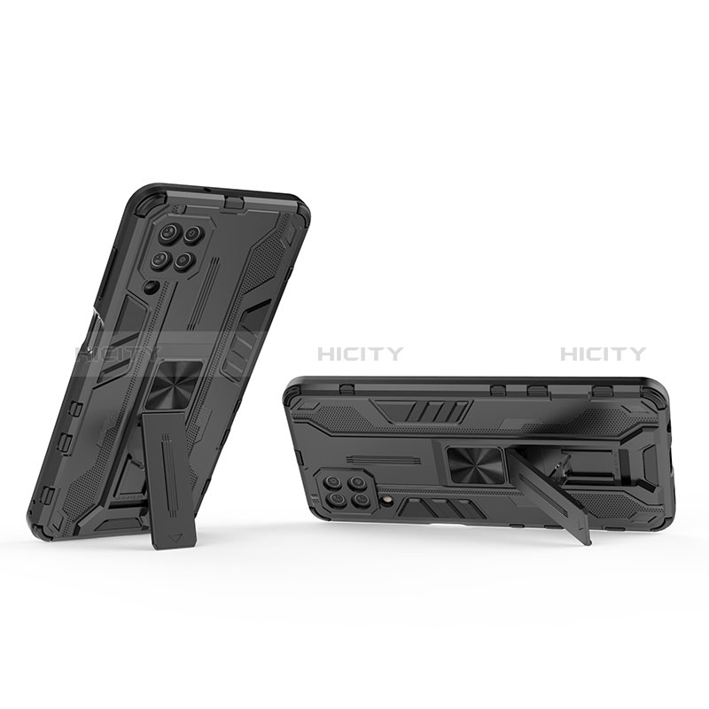 Silikon Hülle Handyhülle und Kunststoff Schutzhülle Hartschalen Tasche mit Magnetisch Ständer T01 für Samsung Galaxy M12 Schwarz Plus