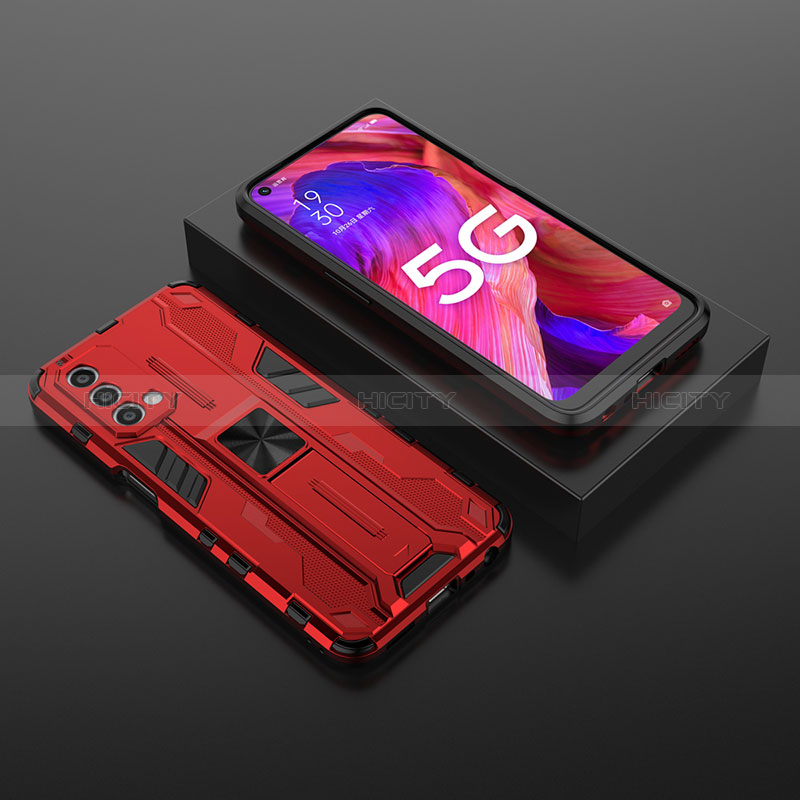 Silikon Hülle Handyhülle und Kunststoff Schutzhülle Hartschalen Tasche mit Magnetisch Ständer T02 für Oppo A54 5G Rot