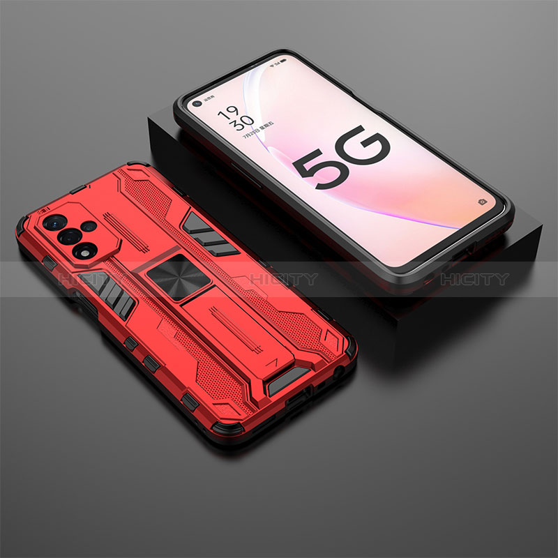 Silikon Hülle Handyhülle und Kunststoff Schutzhülle Hartschalen Tasche mit Magnetisch Ständer T02 für Oppo A93s 5G Rot